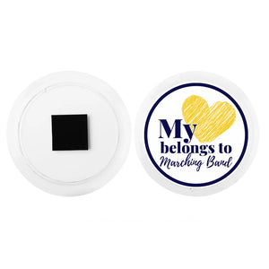 custom acrylic photo magnet featuring a navy and gold My Heart belongs to Marching band graphic