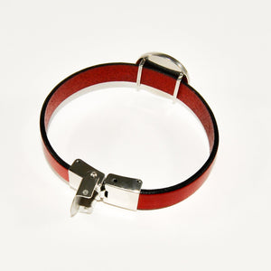 back view red leather strap bracelet with open stainless steel clasp