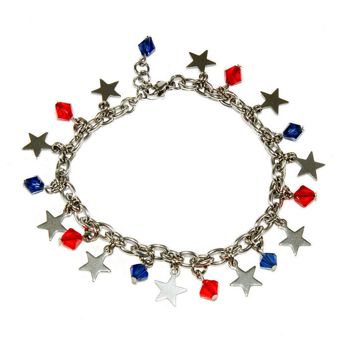 stainless steel charm bracelet with star charms and navy and red Swarovski crystal beads