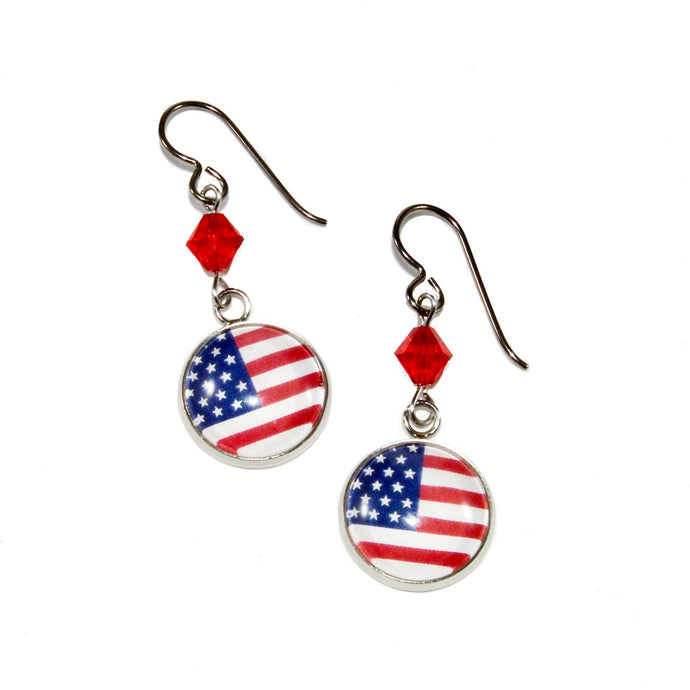 pair of USA flag charm earrings with red Swarovski crystal beads