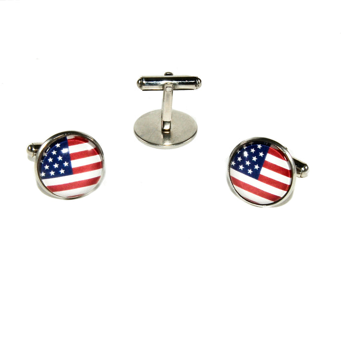 stainless steel cuff links with usa flag graphic
