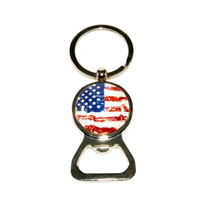 silver keychain bottle opener with vintage distressed USA flag graphic