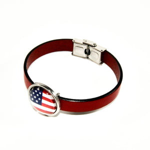 red leather cuff bracelet with stainless steel USA patriotic flag slider charm