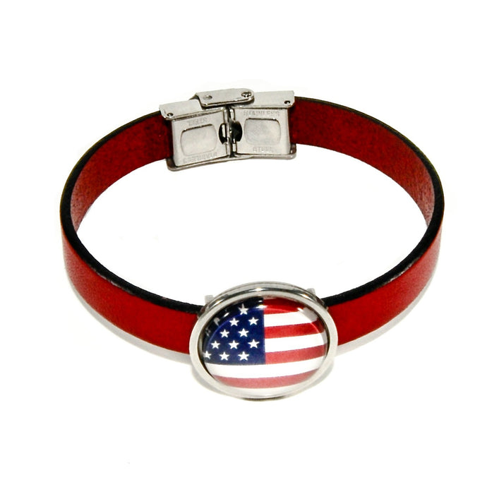 red leather cuff bracelet with stainless steel USA patriotic flag charm