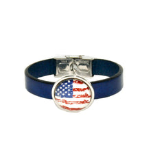 blue leather strap cuff bracelet with distressed vintage USA flag slide charm