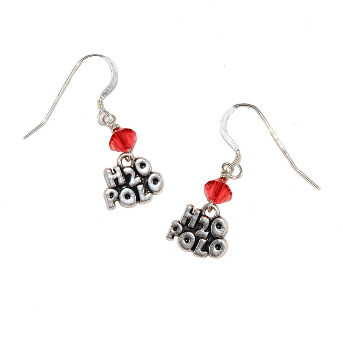 silver water polo charm earrings with red Swarovski crystal bead accents