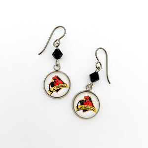 custom stainless steel Four Oaks Cardinals charm earrings with black Swarovski crystal beads