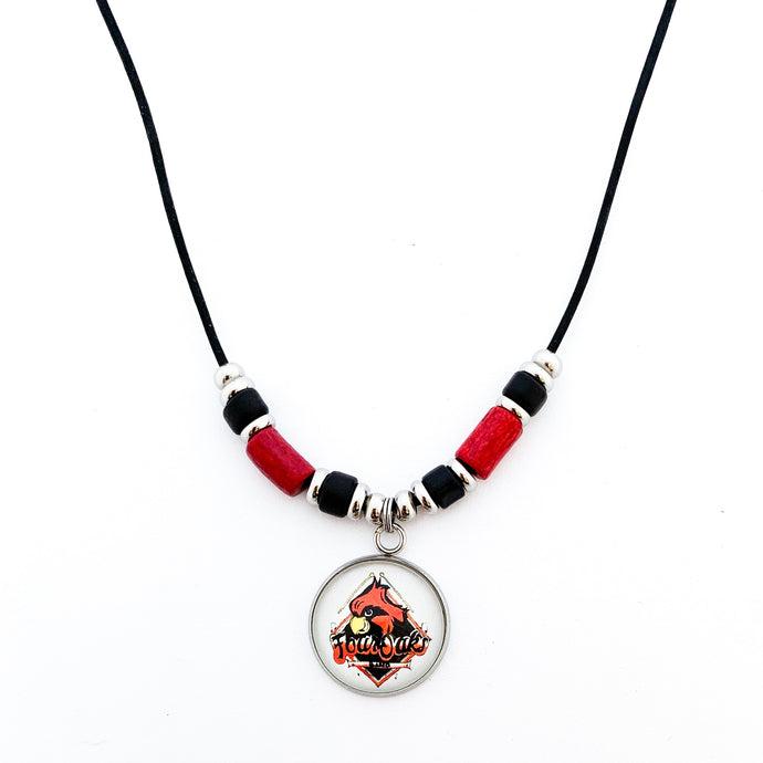 custom Four Oaks cardinals leather cord necklace with red and black beads