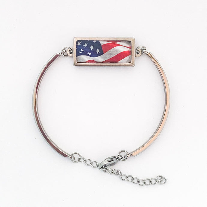 stainless steel USA patriotic flag bar bracelet