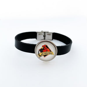 custom stainless steel Four Oaks cardinals slide charm on 10 mm flat black leather strap bracelet
