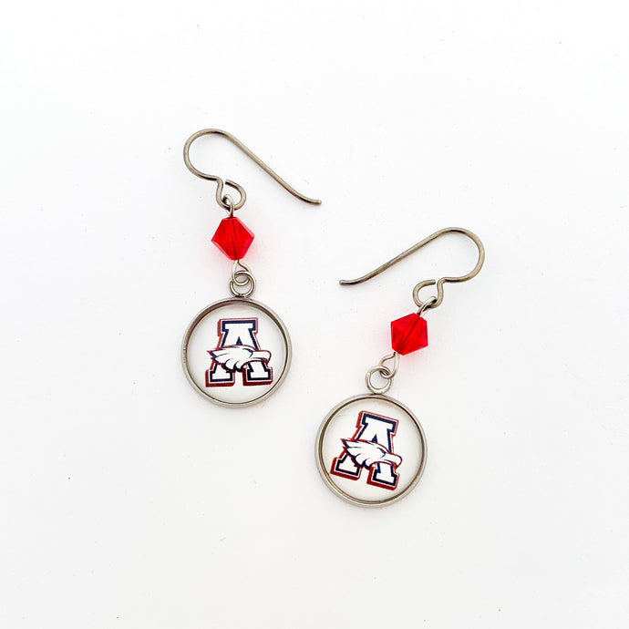 custom Allen Eagles logo charm earrings with red Swarovski crystal beads and niobium ear wires