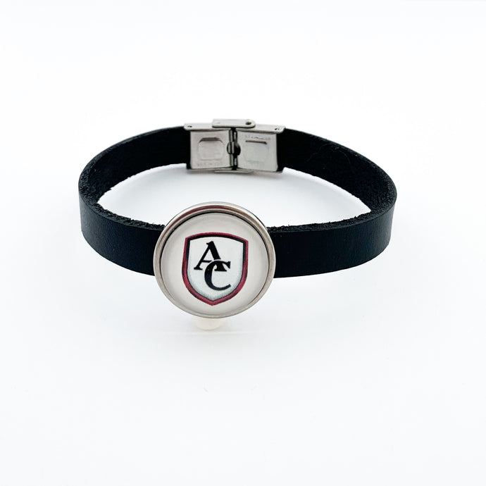 custom stainless steel Archbishop Curley slide charm on black leather strap bracelet
