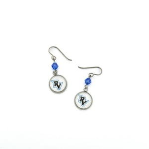custom River Valley Panthers stainless steel charm earrings with sapphire blue Swarovski crystal beads