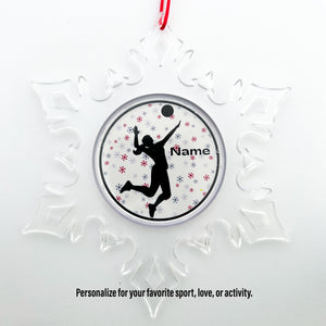 personalized acrylic snowflake ornament with volleyball silhouette and snowflakes