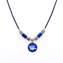 custom walled lake western band pendant necklace with blue and grey ceramic tube beads and stainless steel spacers