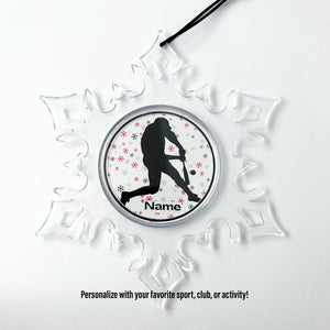 Personalized acrylic snowflake ornament with baseball player silhouette 