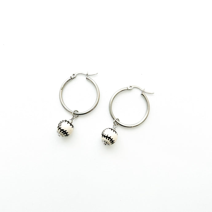stainless steel hoop earrings with ceramic baseball bead charms