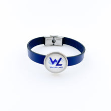 custom walled lake marching band slide charm on 10 mm flat blue leather and stainless steel clasp