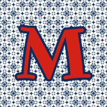 capital letter M in red with navy outline and navy pattern background