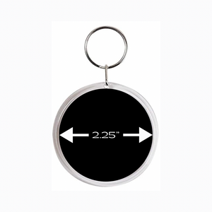 2.25" inch round acrylic photo keychain with 2.25" measurement arrows in black and white