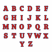 red and navy blue capital letters of the alphabet in ribeye font