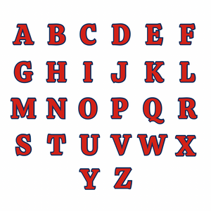 red and navy blue capital letters of the alphabet in ribeye font
