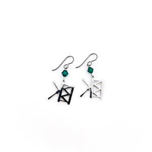 stainless steel snare drum charm earrings with emerald green Swarovski crystals and niobium ear wires