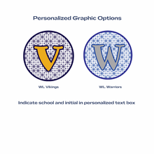 personalized initial graphics in gold, navy blue and grey