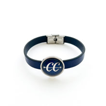 custom blue CC cross country charm on blue leather cuff bracelet