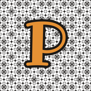 gold capital letter P with black outline and black pattern background