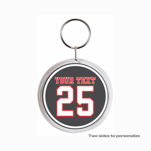 personalized acrylic photo keychain featuring red white and grey jersey number 25 and player name