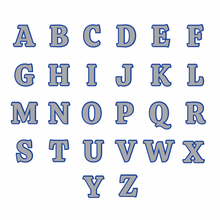 capital letter alphabet in grey with blue outline in ribeye font