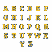 capital letter alphabet in yellow and navy outline in ribeye font