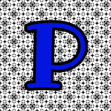 blue and black initial letter P with black pattern background