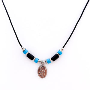 silver bowling necklace with black and turquoise Greek ceramic tube beads and stainless steel spacer beads