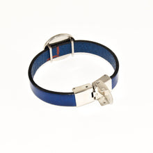 back view of blue leather strap bracelet with stainless steel slide charm and open clasp