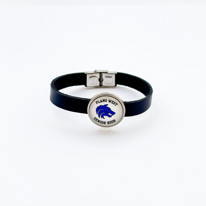 stainless steel plano west senior high slide charm on dark blue leather strap
