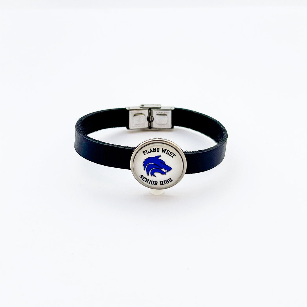 stainless steel plano west senior high slide charm on dark blue leather strap