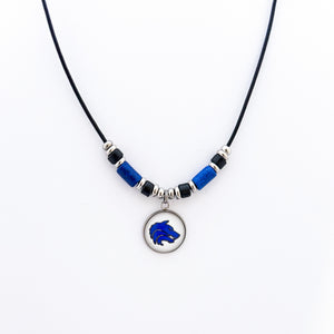 custom plano west blue wolf leather cord pendant necklace with black and blue tube beads
