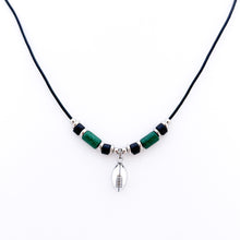 silver football leather cord necklace with green and black ceramic tube beads and stainless steel spacers