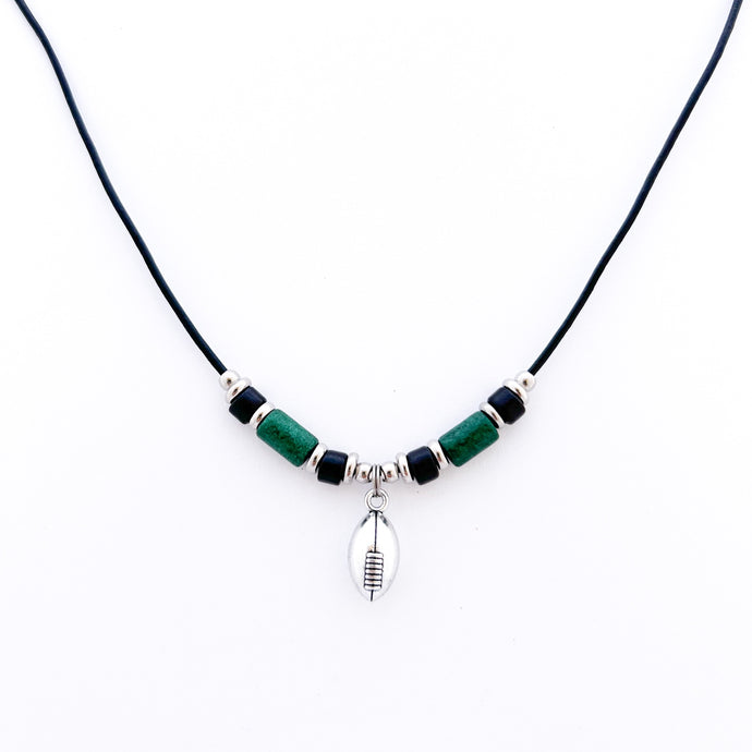 silver football leather cord necklace with green and black ceramic tube beads and stainless steel spacers