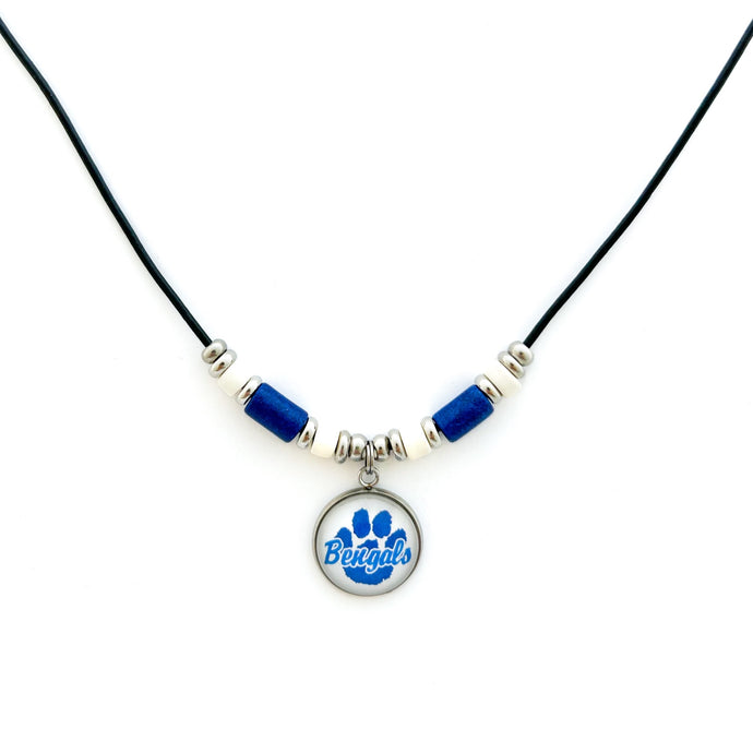 custom stainless steel Blaine Bengals pendant necklace with blue and white beads on a on black leather cord