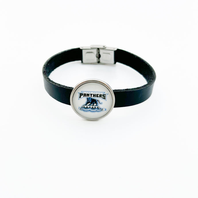 custom River Valley Panthers black leather cuff bracelet with stainless steel slider charm