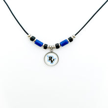 custom River Valley Panthers leather cord pendant necklace with black and blue ceramic tube beads