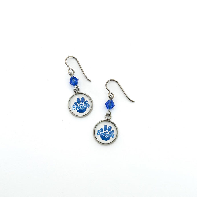 custom Blaine Bengals charm earrings with sapphire blue Swarovski crystal beads