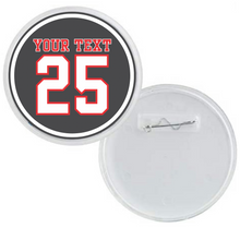 personalized acrylic photo button featuring red grey and white jersey number and player name