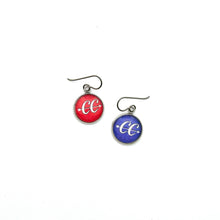 custom stainless steel CC cross country charm earrings in purple and red