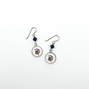 custom walled lake central vikings charm earrings with navy swarovski crystal beads