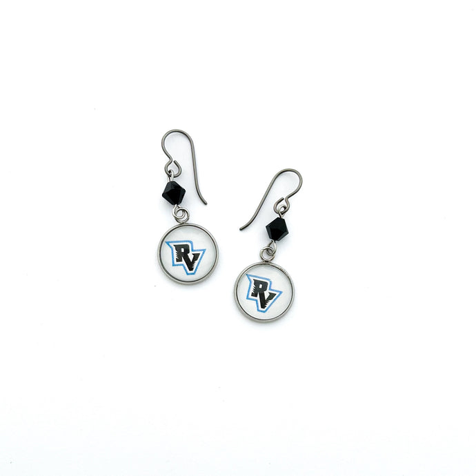 custom River Valley Panthers stainless steel charm earrings with black Swarovski crystal beads