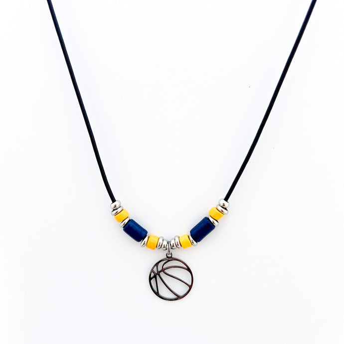 Stainless steel basketball pendant necklace with navy blue and yellow tube, beads and stainless steel spacers